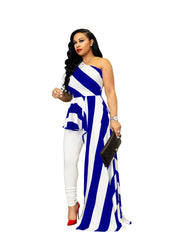 Striped One Shoulder High Low Irregular Blouse Top Dress