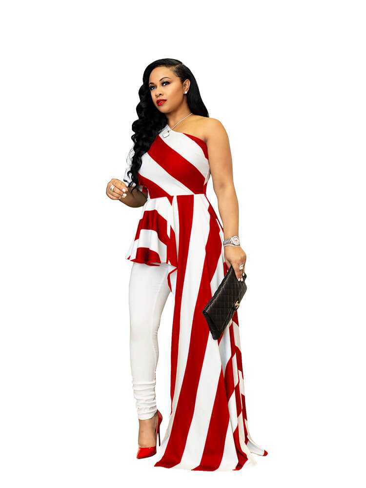 Striped One Shoulder High Low Irregular Blouse Top Dress