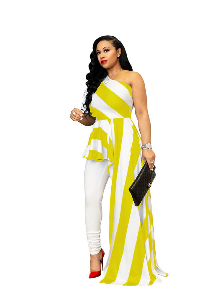 Striped One Shoulder High Low Irregular Blouse Top Dress