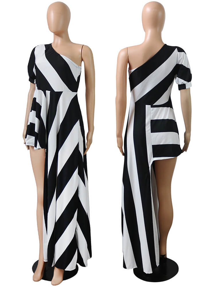 Striped One Shoulder High Low Irregular Blouse Top Dress