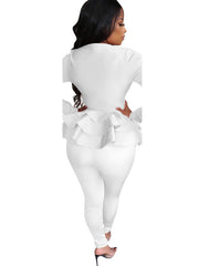 2 Piece Zipper Ruffle Hem Jacket Bodycon Pants Set Tracksuits
