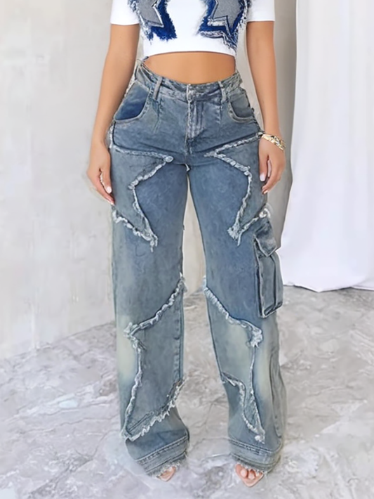 Star Fringe Raw Hem Loose Straight Leg Jeans 750