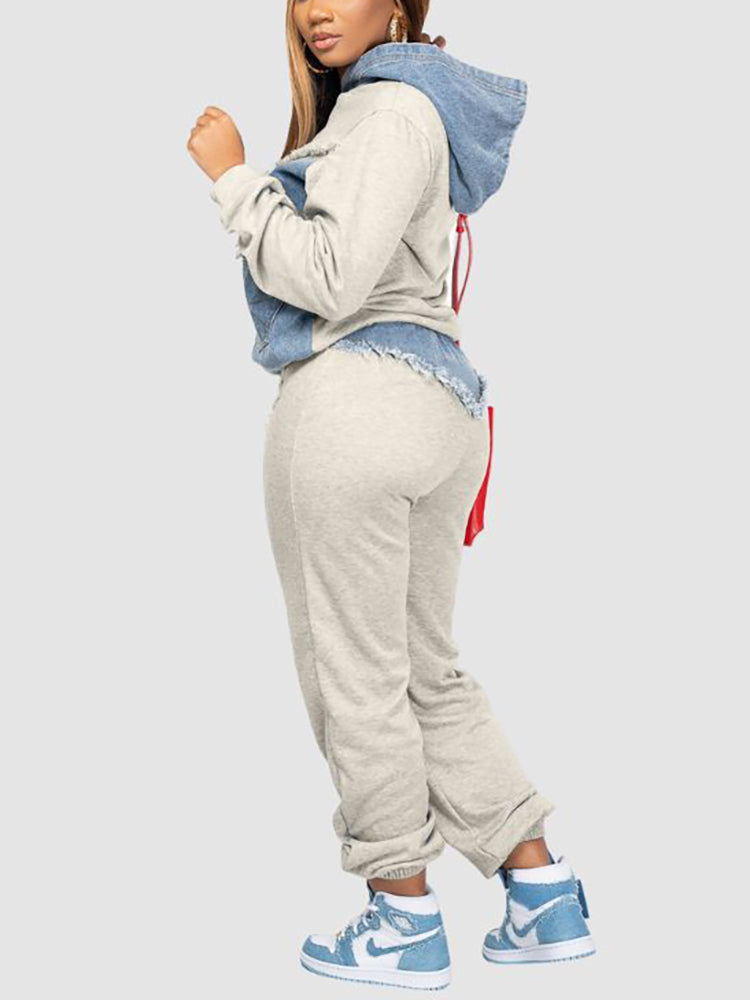 Denim Patchwork Hoodies Pant Set