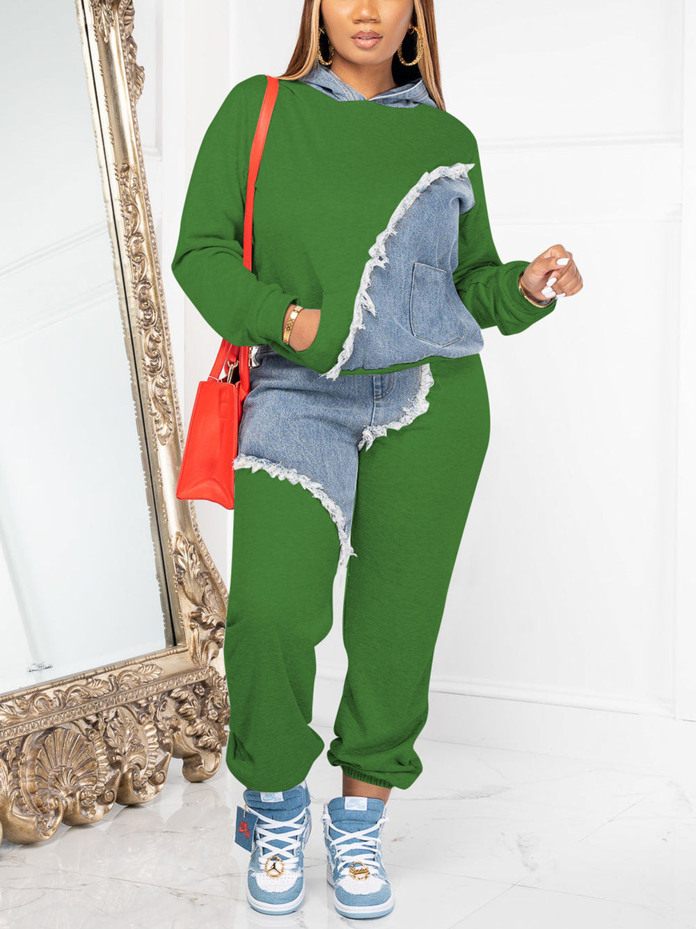 Denim Patchwork Hoodies Pant Set