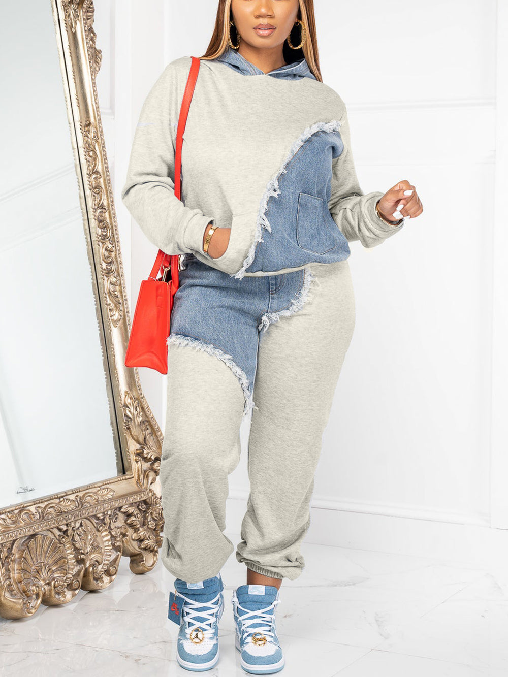 Denim Patchwork Hoodies Pant Set