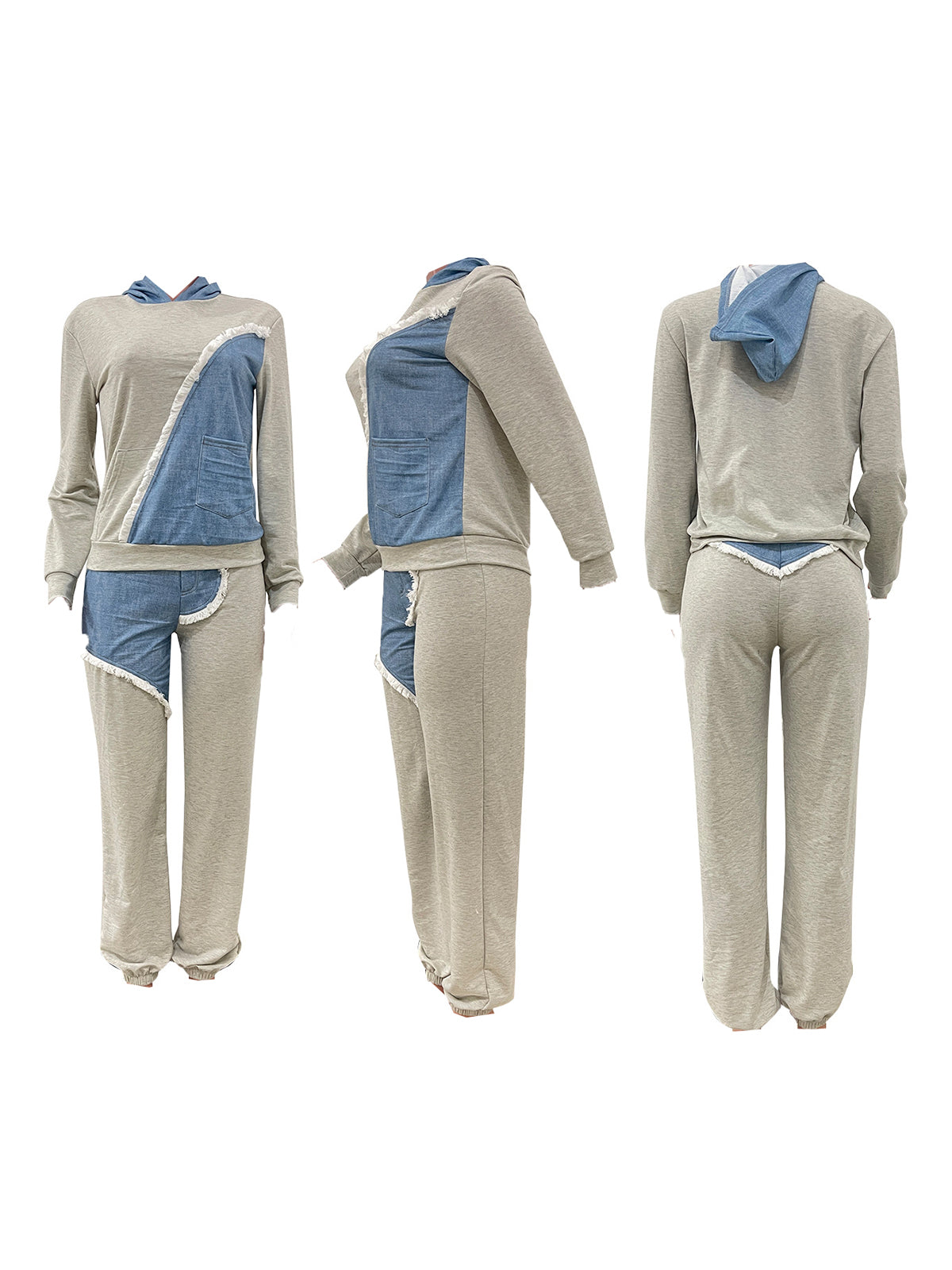 Denim Patchwork Hoodies Pant Set