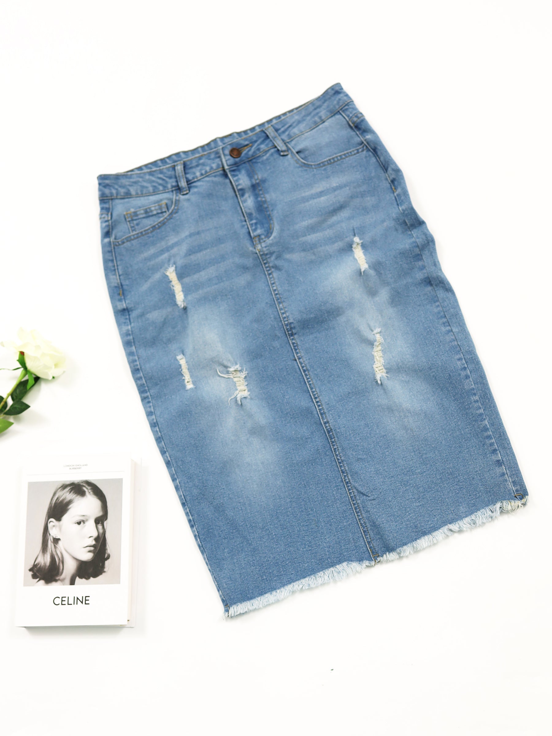 Denim Ripped Back Split Midi Skirts