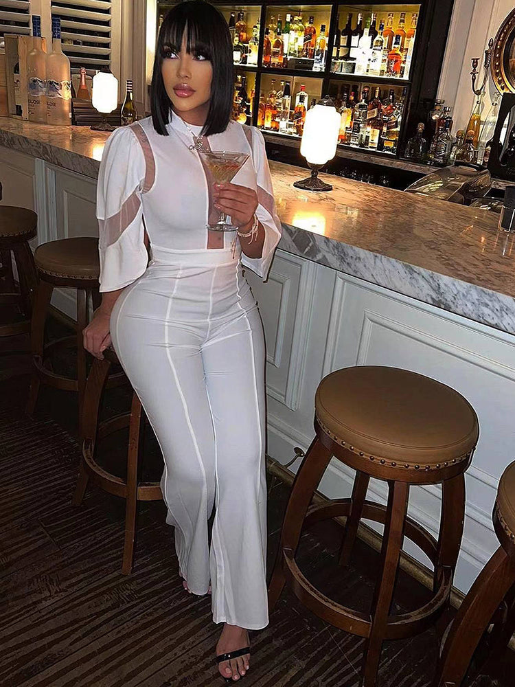Mesh Patchwork Half Sleeve Bodycon Jumpsuit