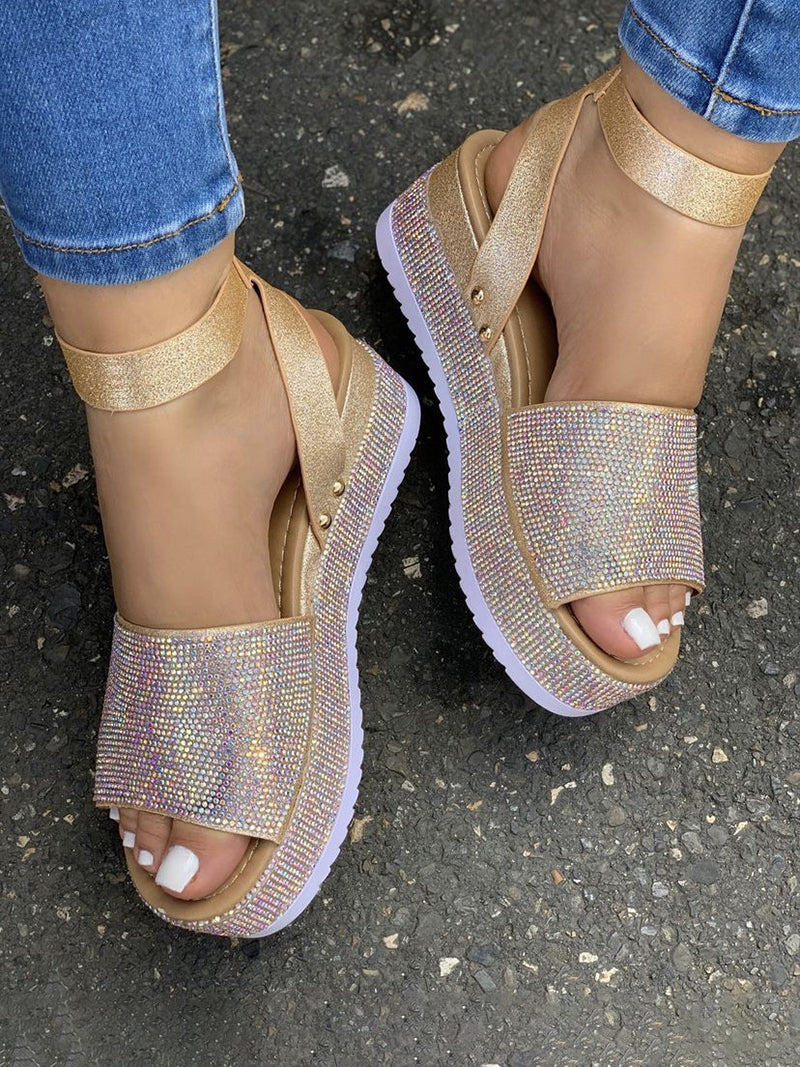 Rhinestone Platform Open Toe Wedge Sandal