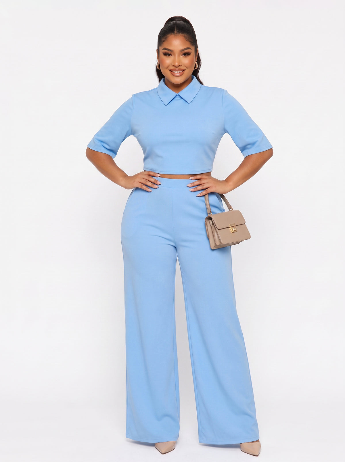 Lapel Batwing Sleeve Wide Leg Pants Set
