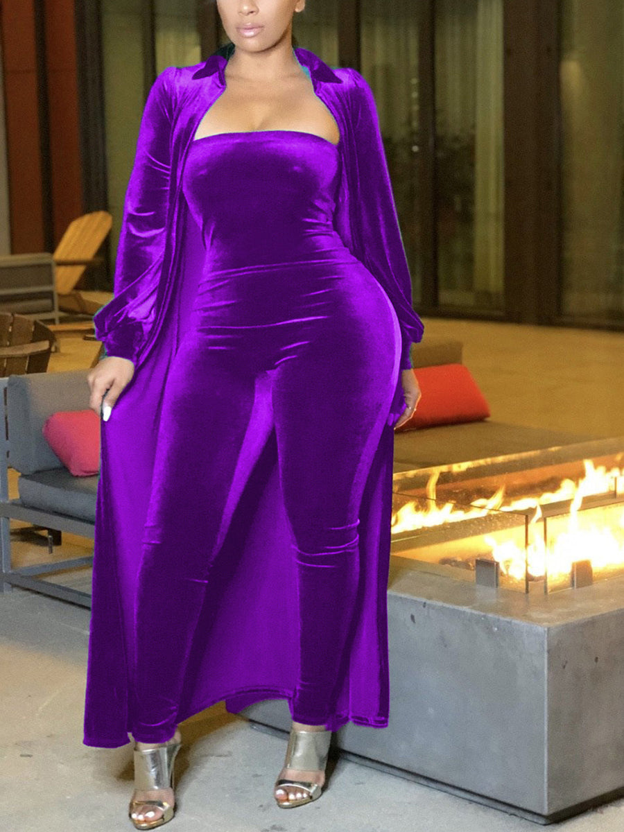 Two-Piece Velvet Cardigan & Tube Jumpsuit