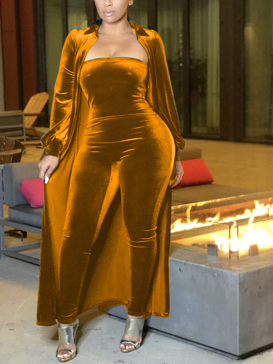 Two-Piece Velvet Cardigan & Tube Jumpsuit