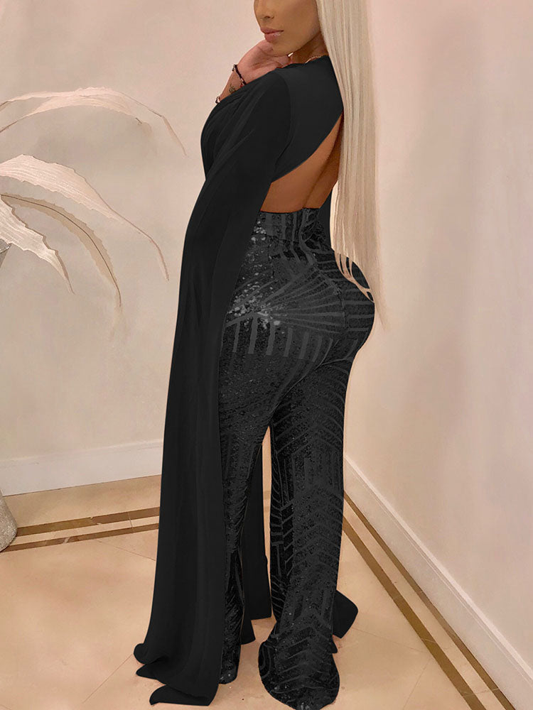 Glitter Deep V Neck Cape sleeve Wide Leg Pant Jumpsuit