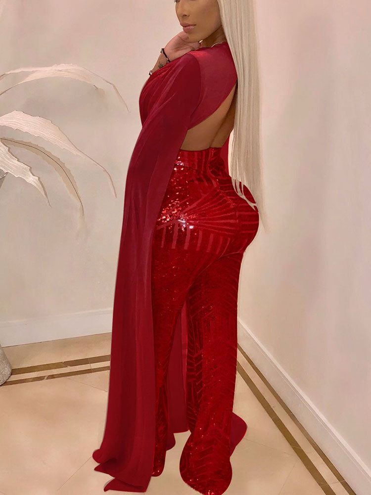 Glitter Deep V Neck Cape sleeve Wide Leg Pant Jumpsuit