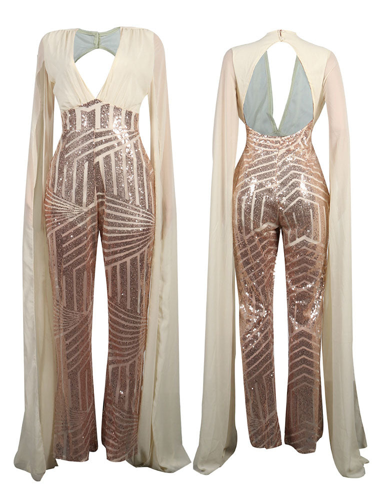 Glitter Deep V Neck Cape sleeve Wide Leg Pant Jumpsuit