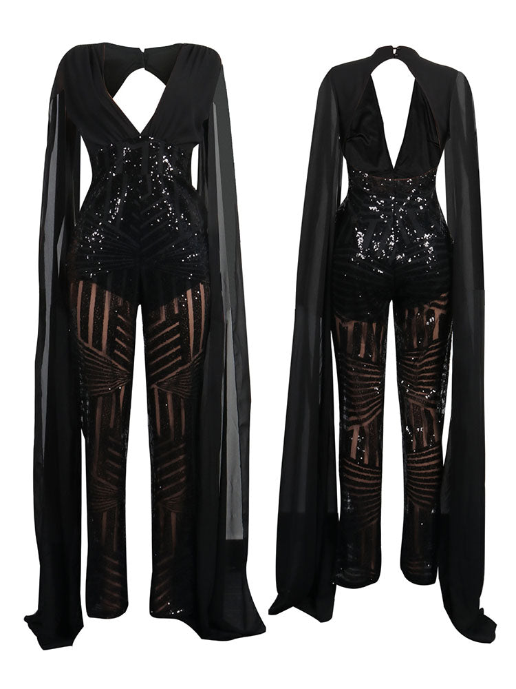 Glitter Deep V Neck Cape sleeve Wide Leg Pant Jumpsuit
