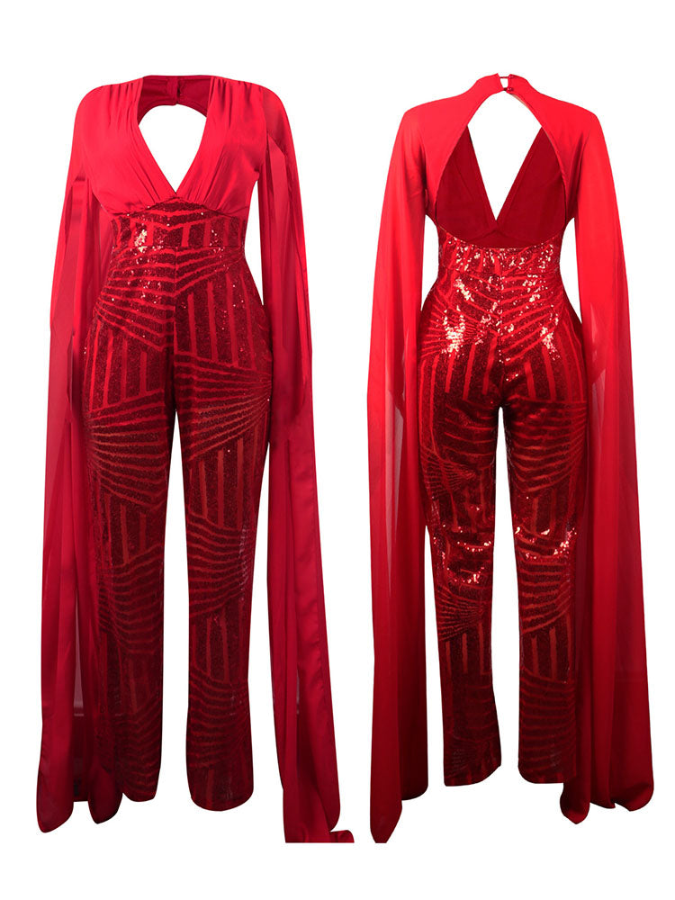 Glitter Deep V Neck Cape sleeve Wide Leg Pant Jumpsuit