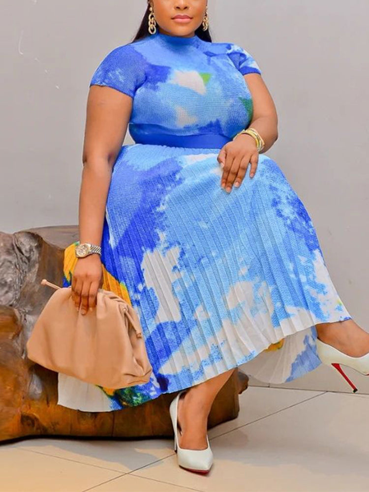 Short Sleeve Floral Print Pleated Skrit Suit