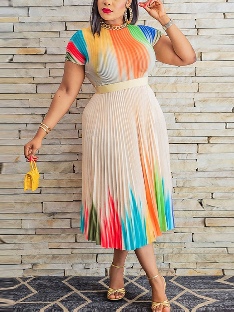 Short Sleeve Floral Print Pleated Skrit Suit