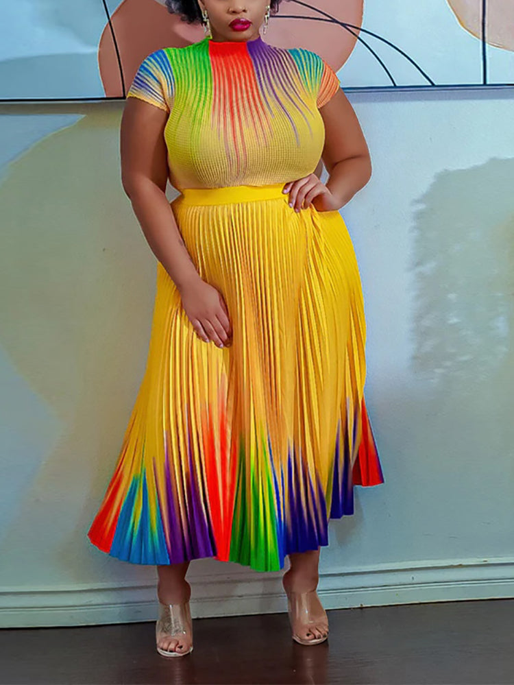 Short Sleeve Floral Print Pleated Skrit Suit