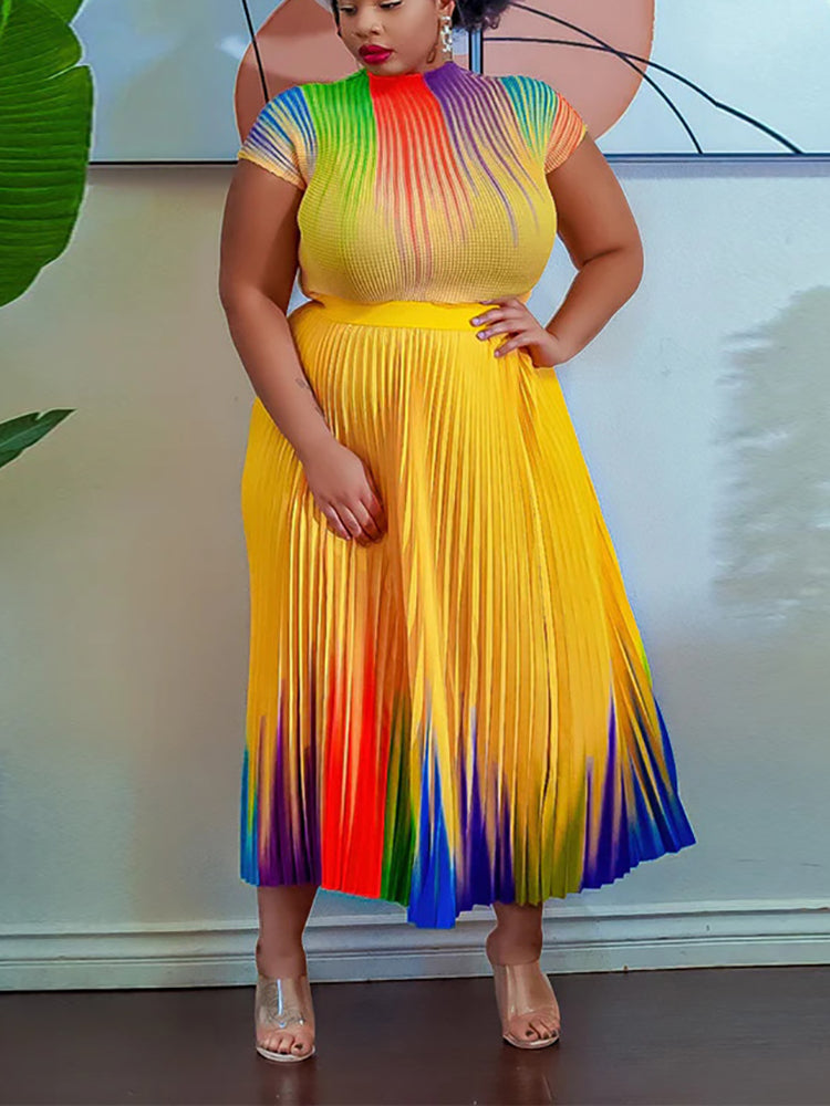 Short Sleeve Floral Print Pleated Skrit Suit