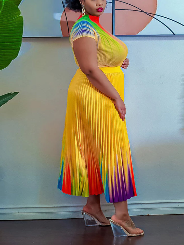 Short Sleeve Floral Print Pleated Skrit Suit