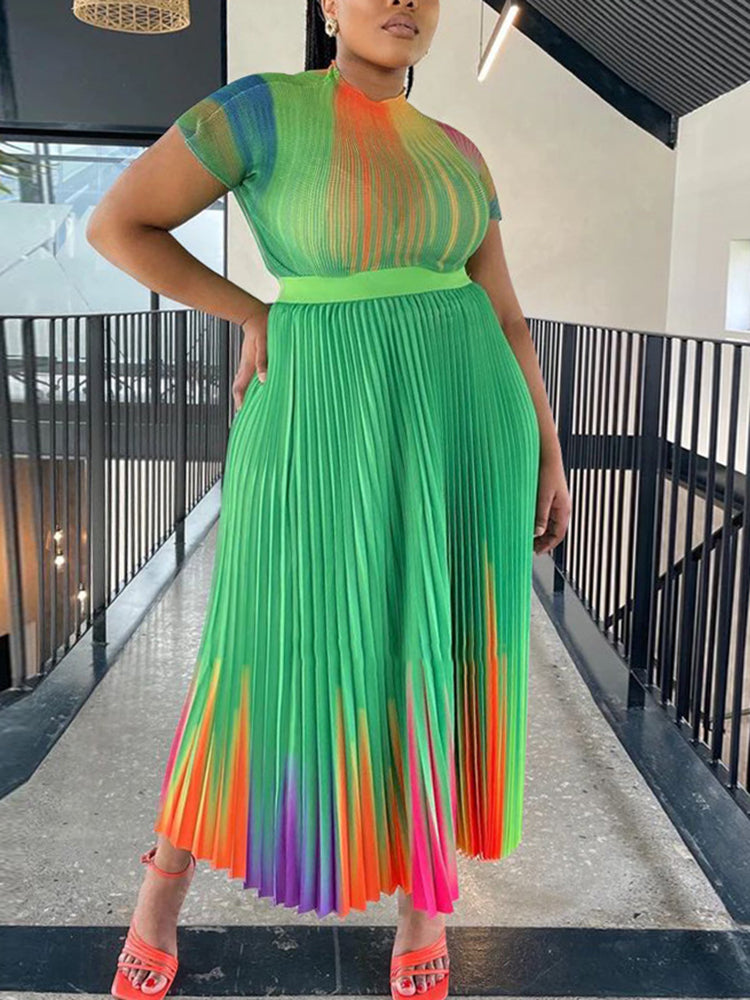 Short Sleeve Floral Print Pleated Skrit Suit