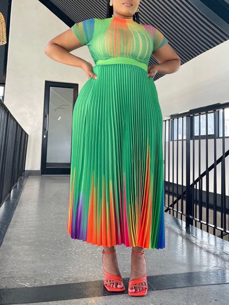 Short Sleeve Floral Print Pleated Skrit Suit