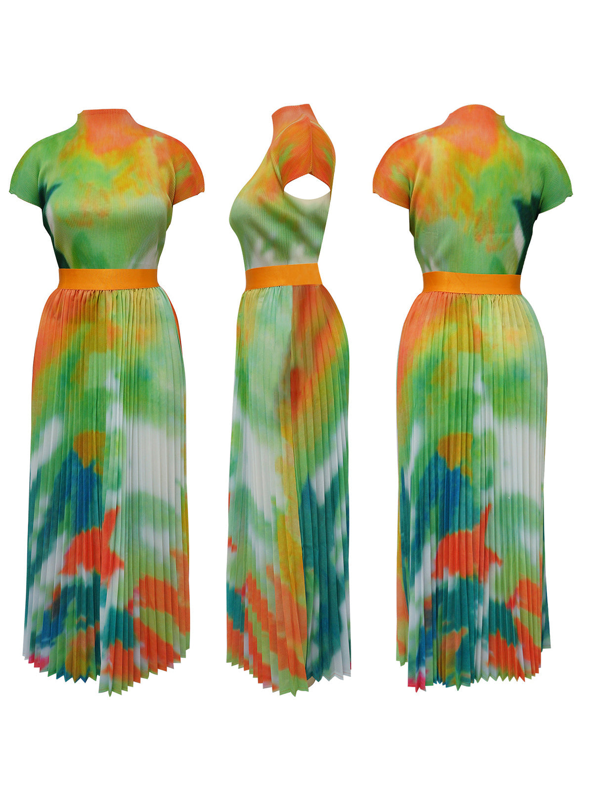 Short Sleeve Floral Print Pleated Skrit Suit