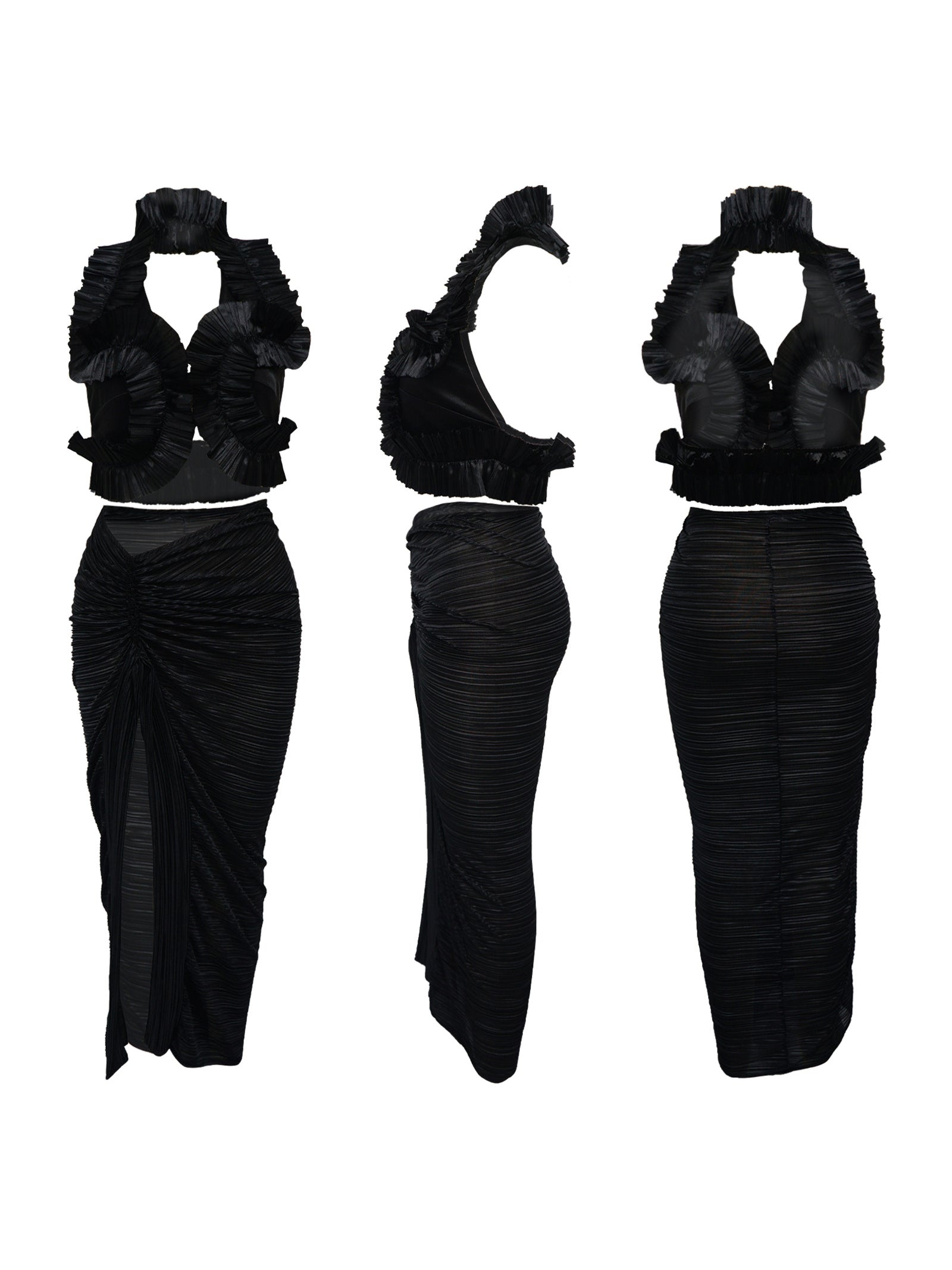 Ruffle Hem Top Ruched Slit Skirt Set