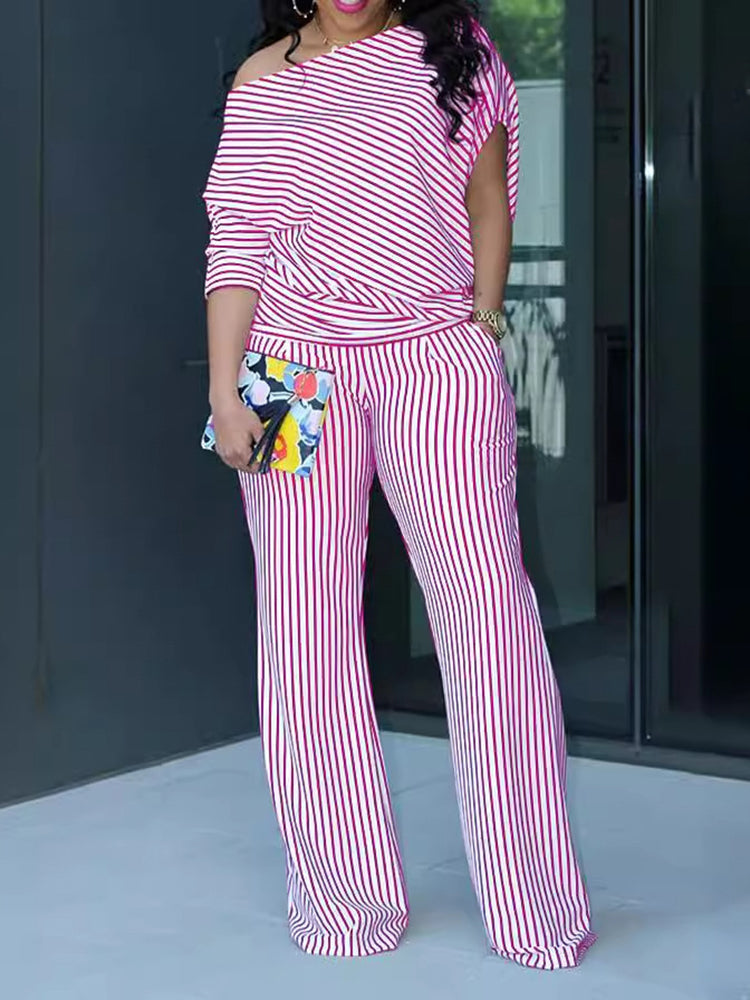 Off-Shoulder Striped Asymmetric Sleeve Pants Set