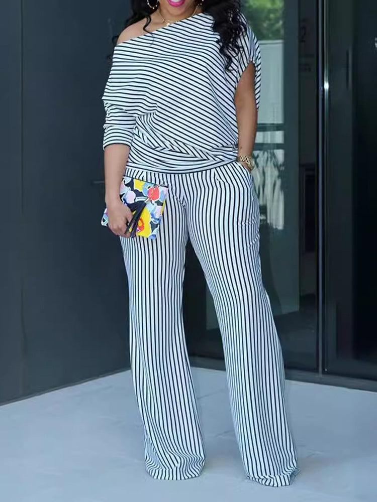 Off-Shoulder Striped Asymmetric Sleeve Pants Set