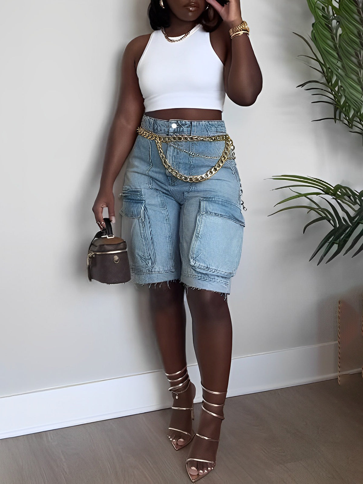 Distressed Utility Multi-Pocket Denim Shorts