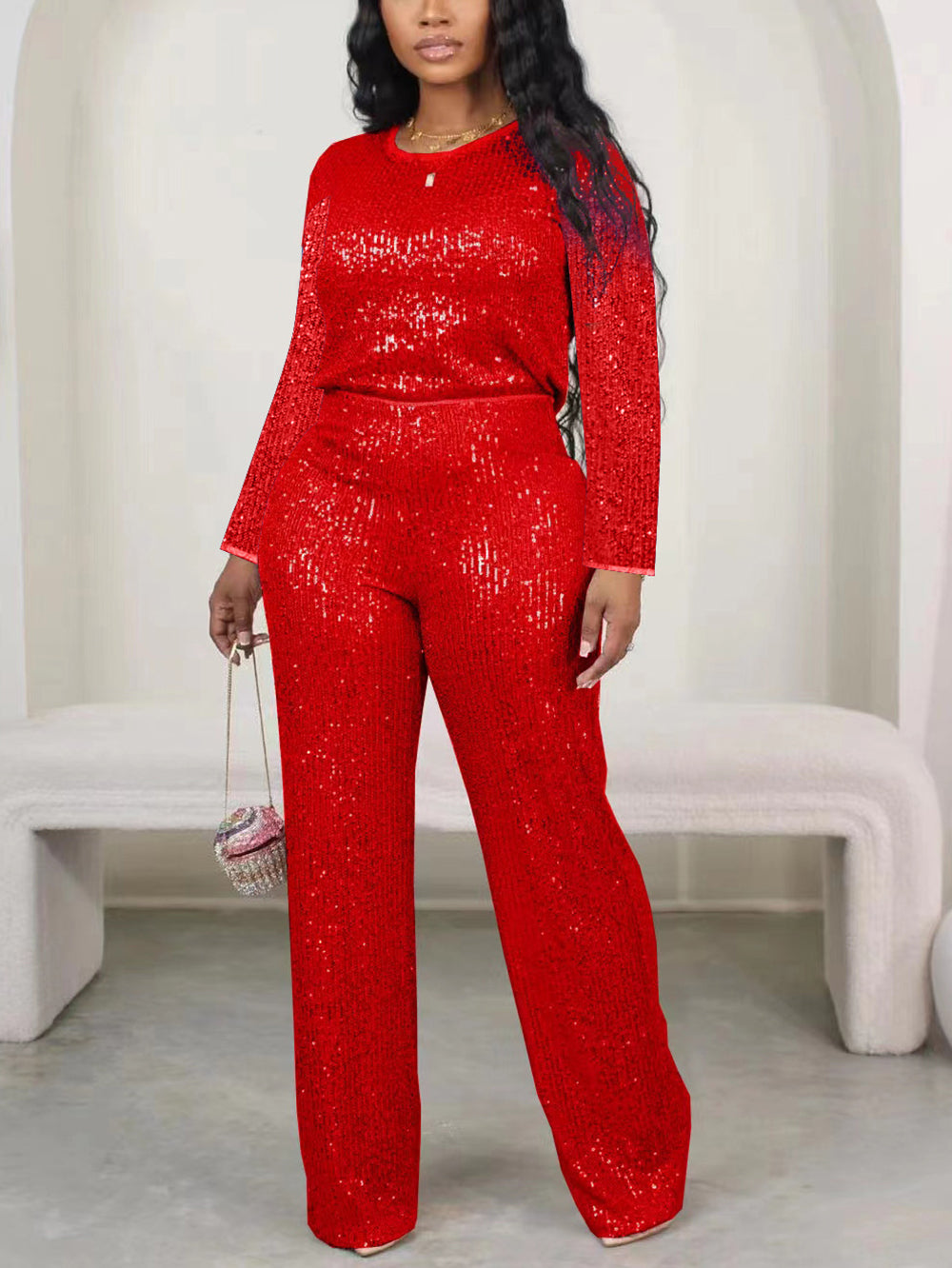 Solid Color Sequin Long Sleeve Set