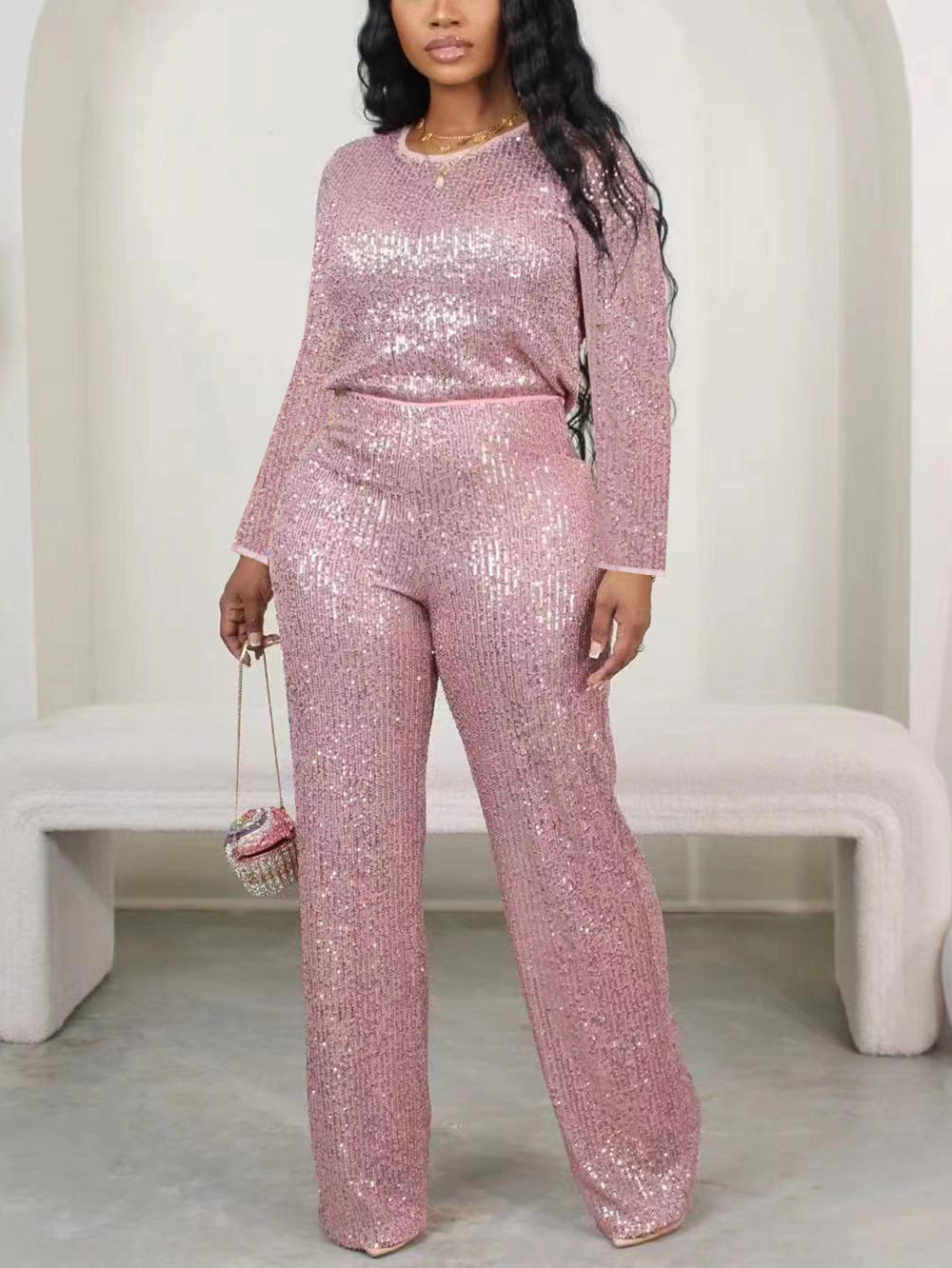 Solid Color Sequin Long Sleeve Set