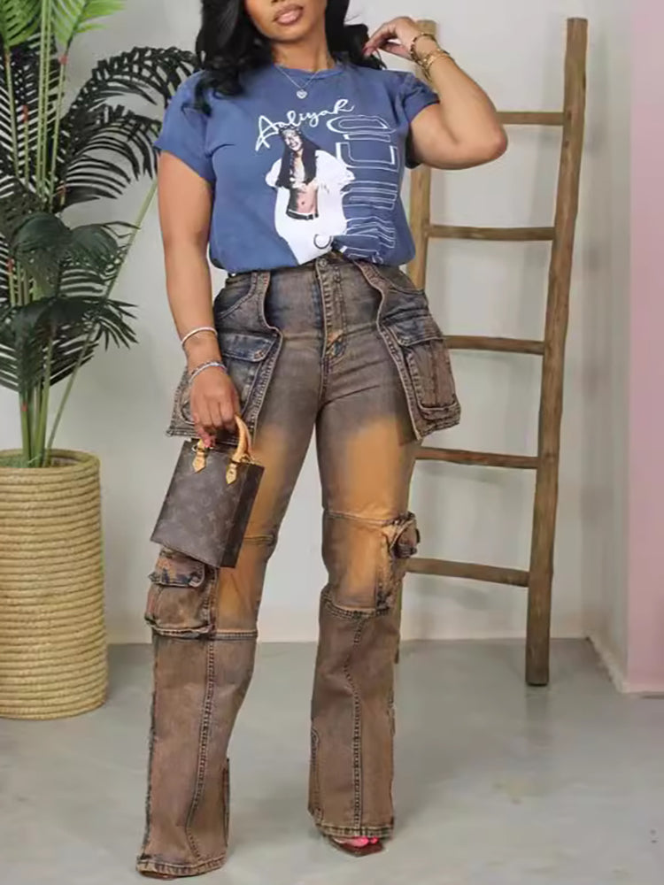 Casual  Multi-Pocket Straight Leg Patchwork Jeans