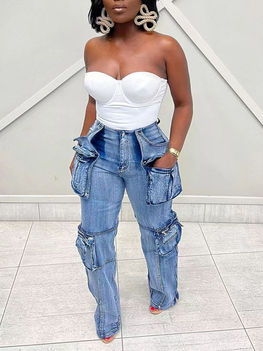 Casual  Multi-Pocket Straight Leg Patchwork Jeans