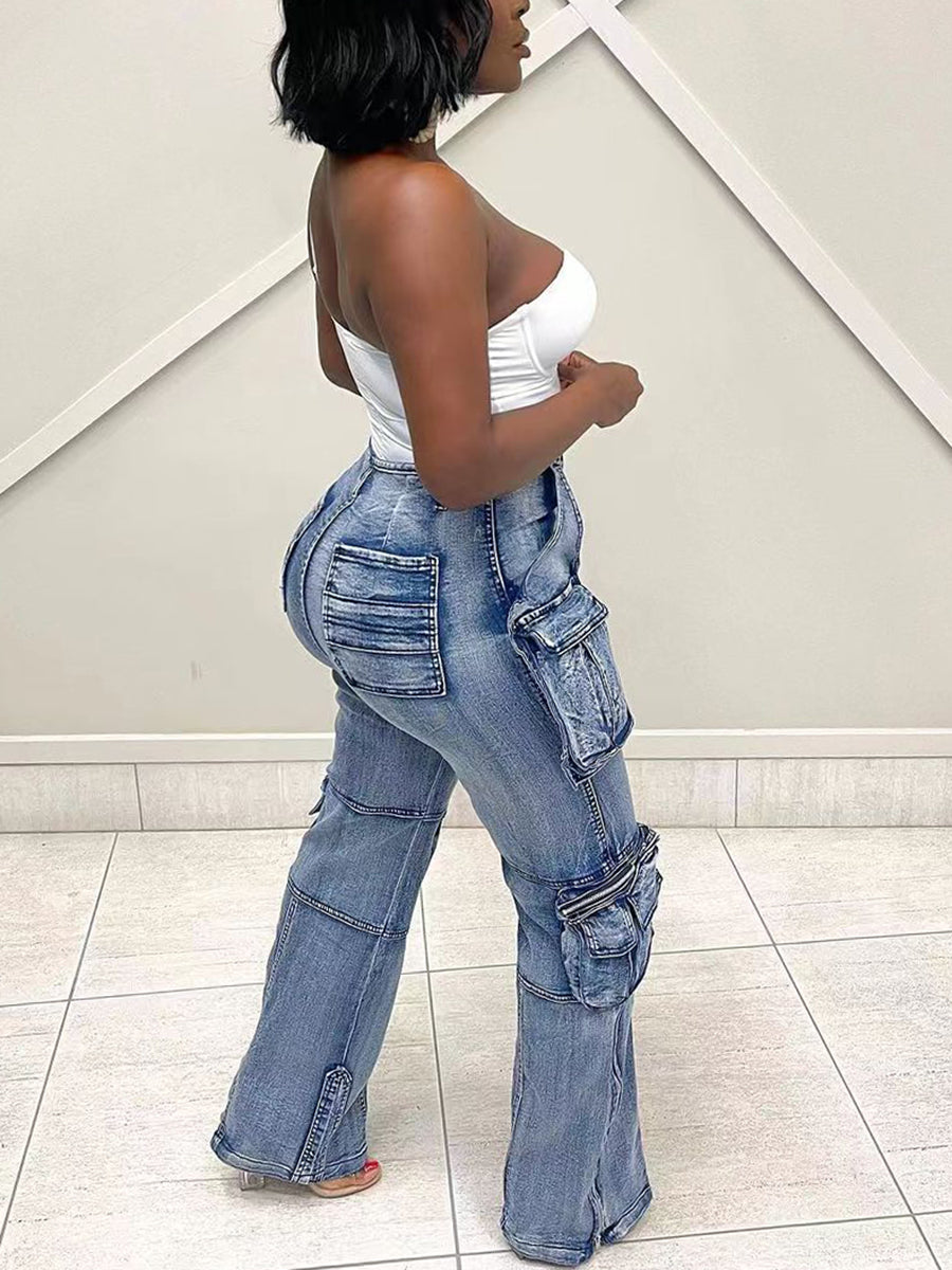 Casual  Multi-Pocket Straight Leg Patchwork Jeans