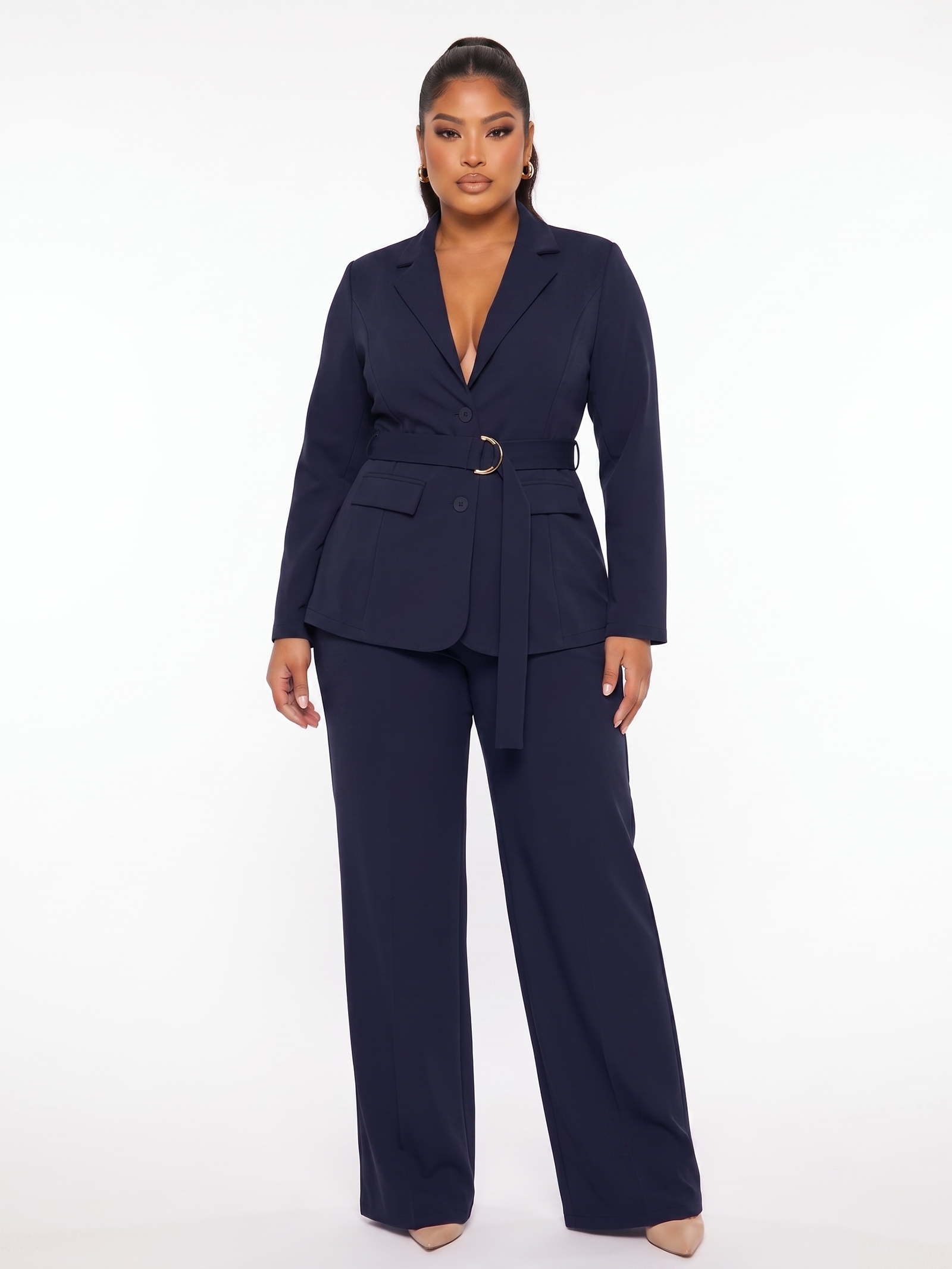 Plus Size Belted Blazer Pants Suit