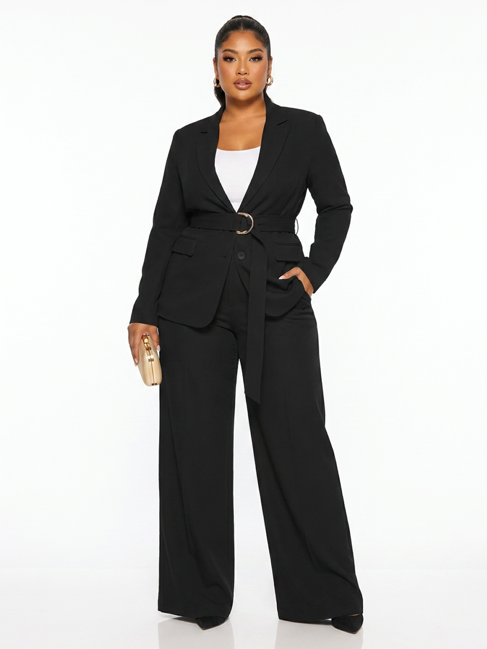 Plus Size Belted Blazer Pants Suit