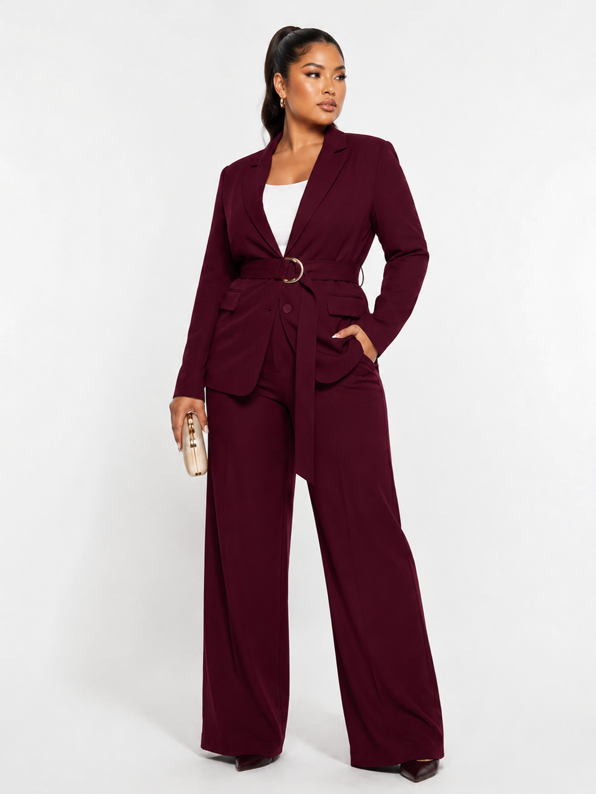 Plus Size Belted Blazer Pants Suit