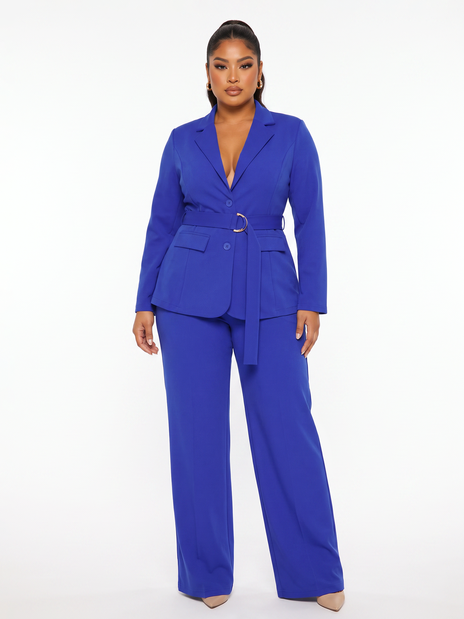 Plus Size Belted Blazer Pants Suit