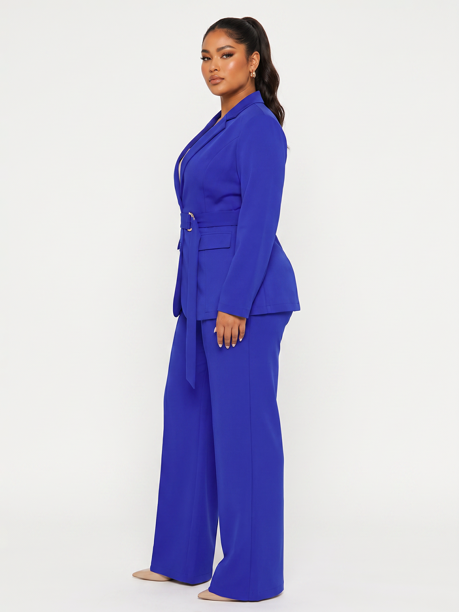 Plus Size Belted Blazer Pants Suit