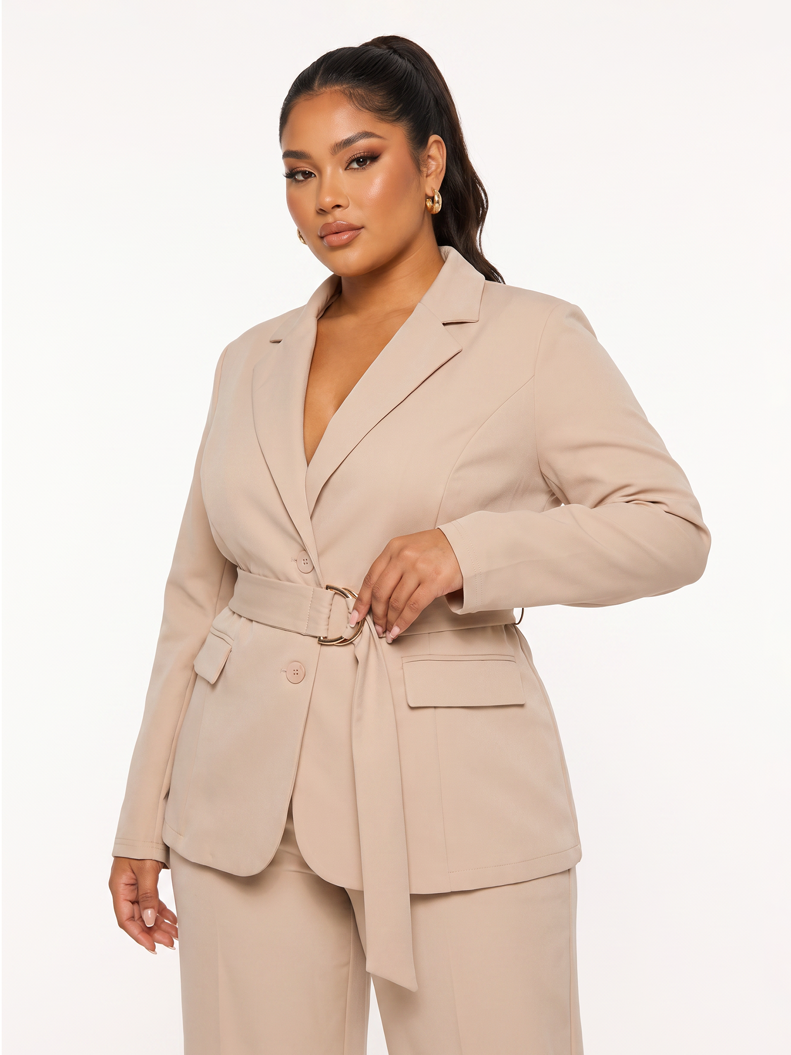 Plus Size Belted Blazer Pants Suit
