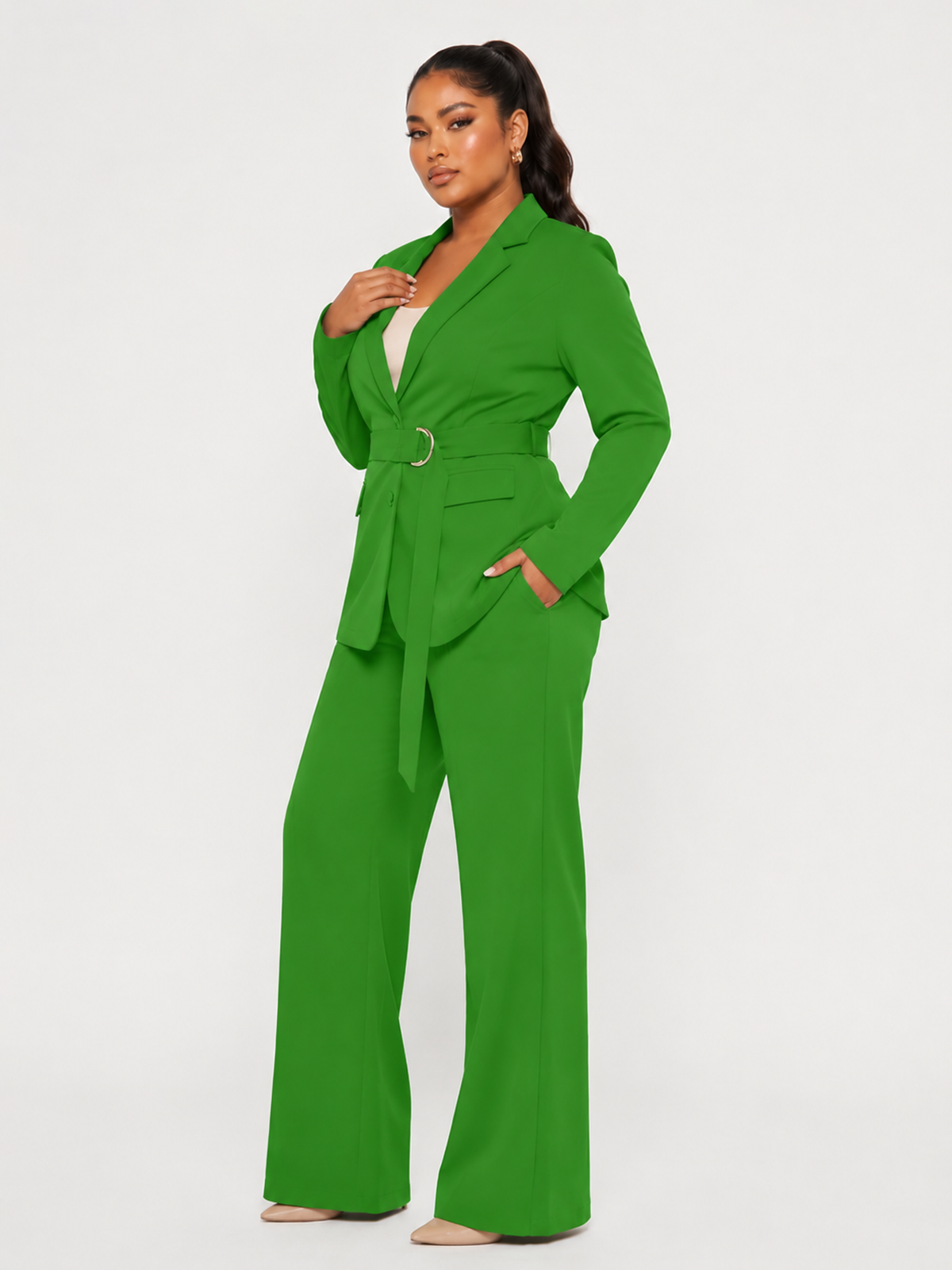 Plus Size Belted Blazer Pants Suit