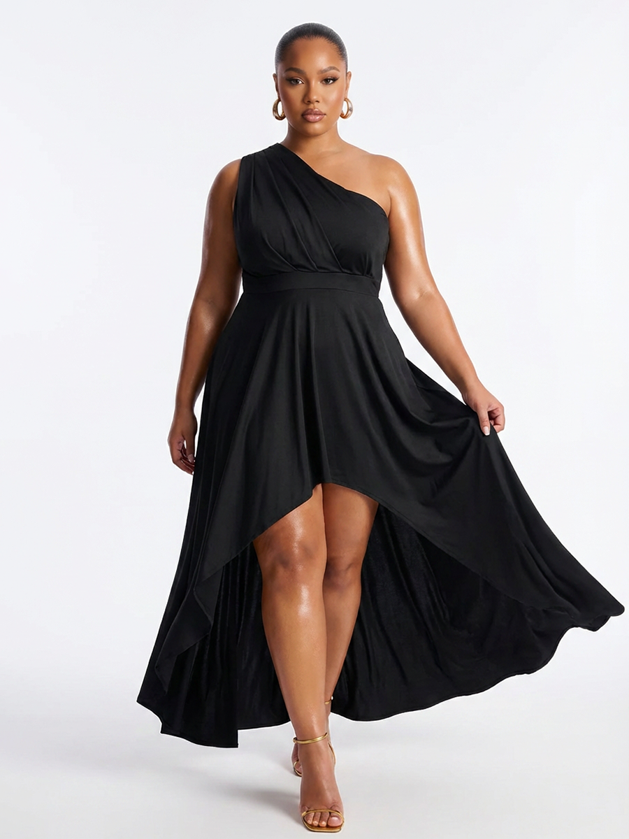 Plus Size One Shoulder Asymmetric Midi Dress