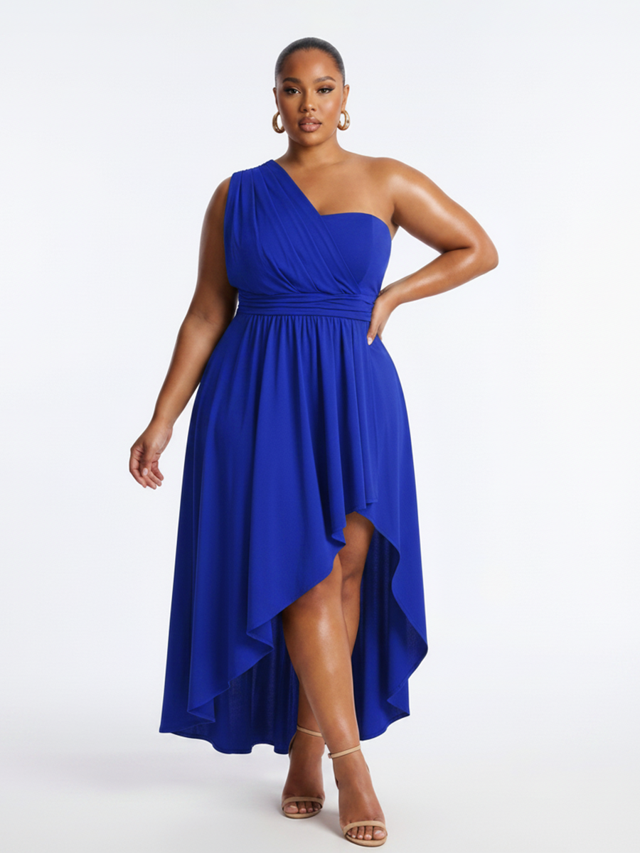 Plus Size One Shoulder Asymmetric Midi Dress