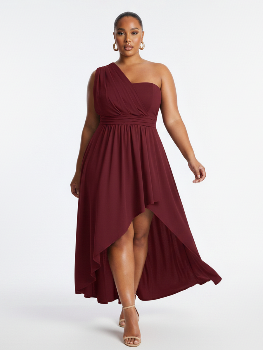 Plus Size One Shoulder Asymmetric Midi Dress