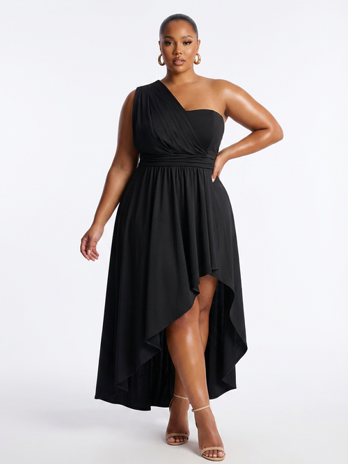 Plus Size One Shoulder Asymmetric Midi Dress