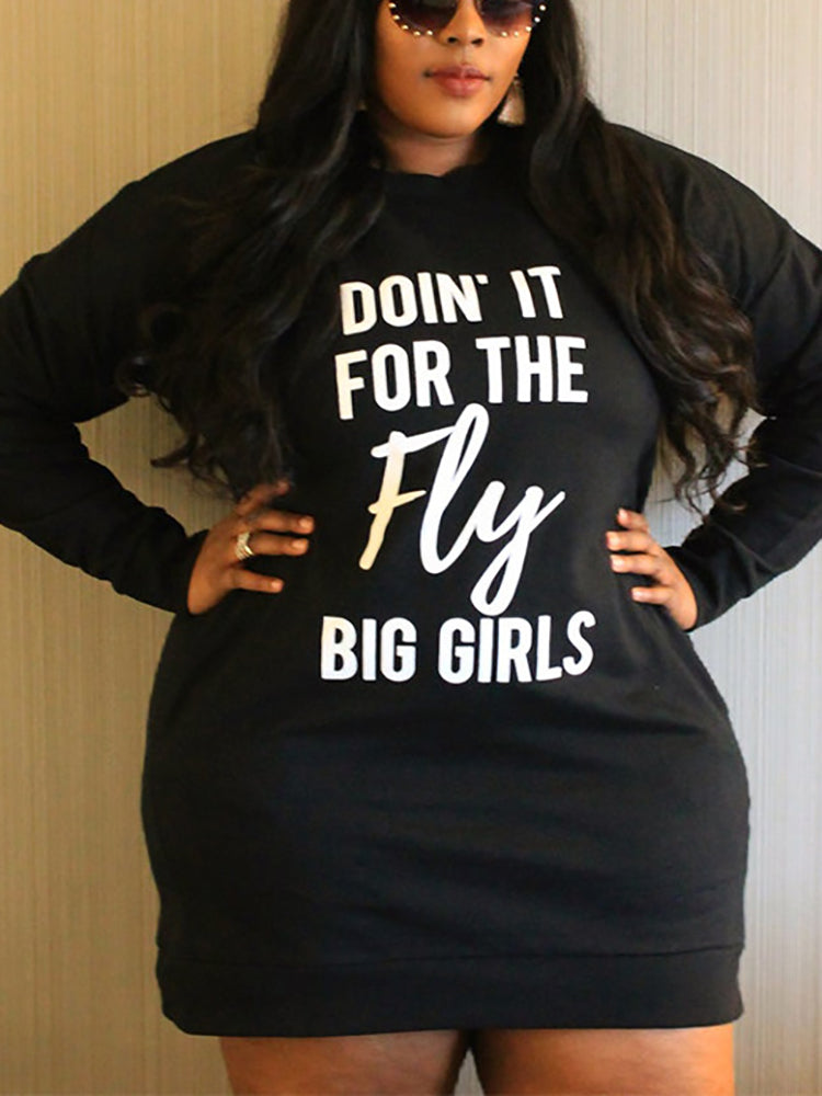 Plus Size Letter Print Hooded Sweatshirt Dress